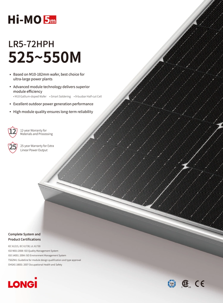 Longi Half Cut 144 Cell 540W 550W Mono Solar Panel Cell PV Module for Solar Power System